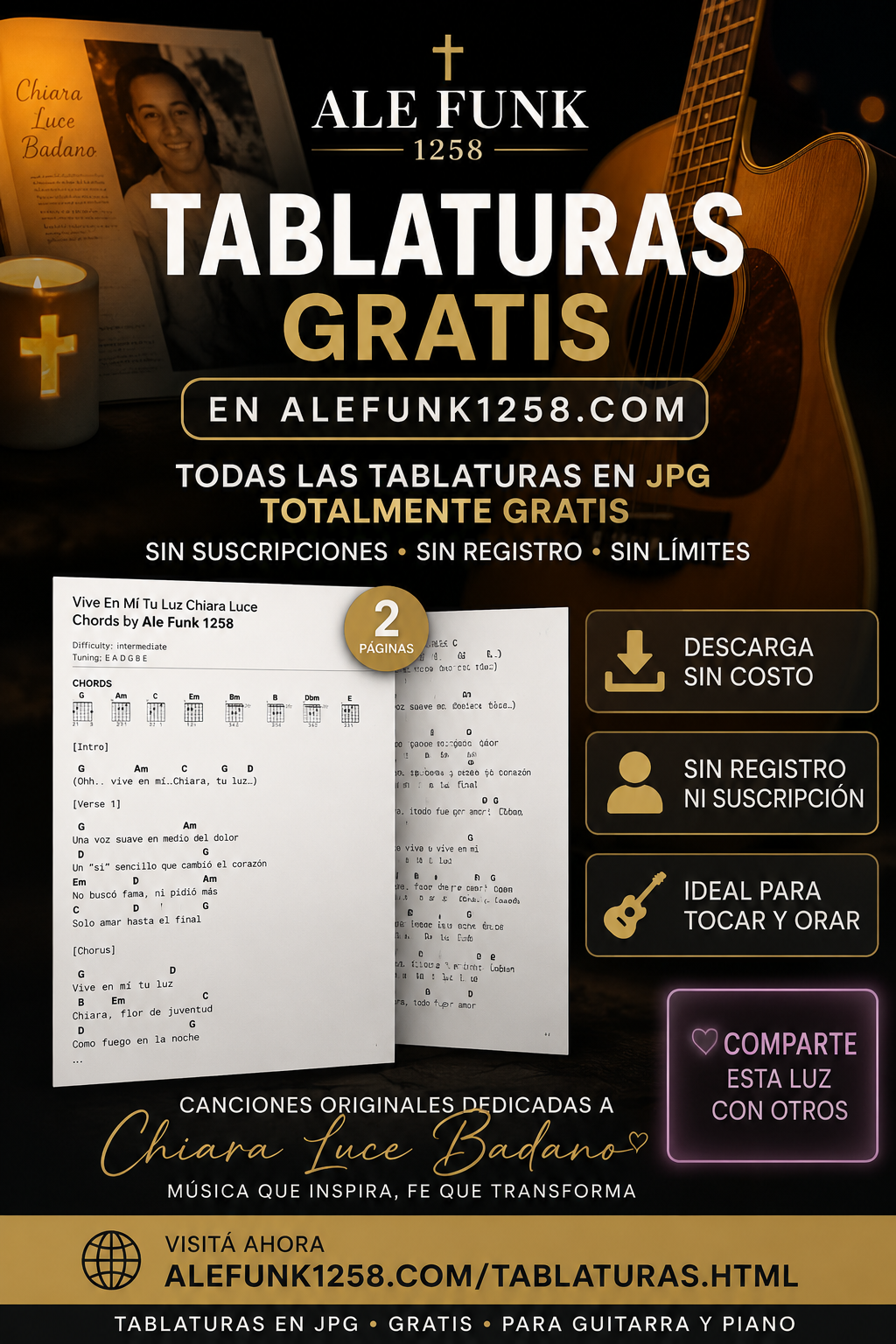 Tablaturas gratuitas de Ale Funk 1258, canciones dedicadas a Chiara Luce Badano para guitarra y piano